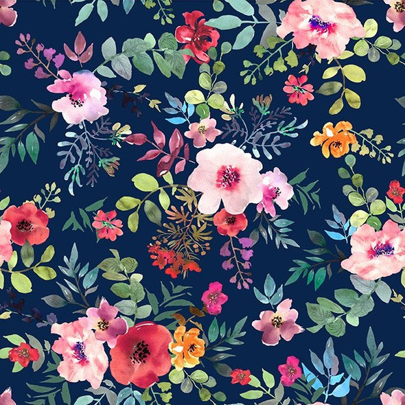 In The Beginning - Glorious Garden 2GAR1 Large Floral Blue | SOLD BY THE HALF-YARD